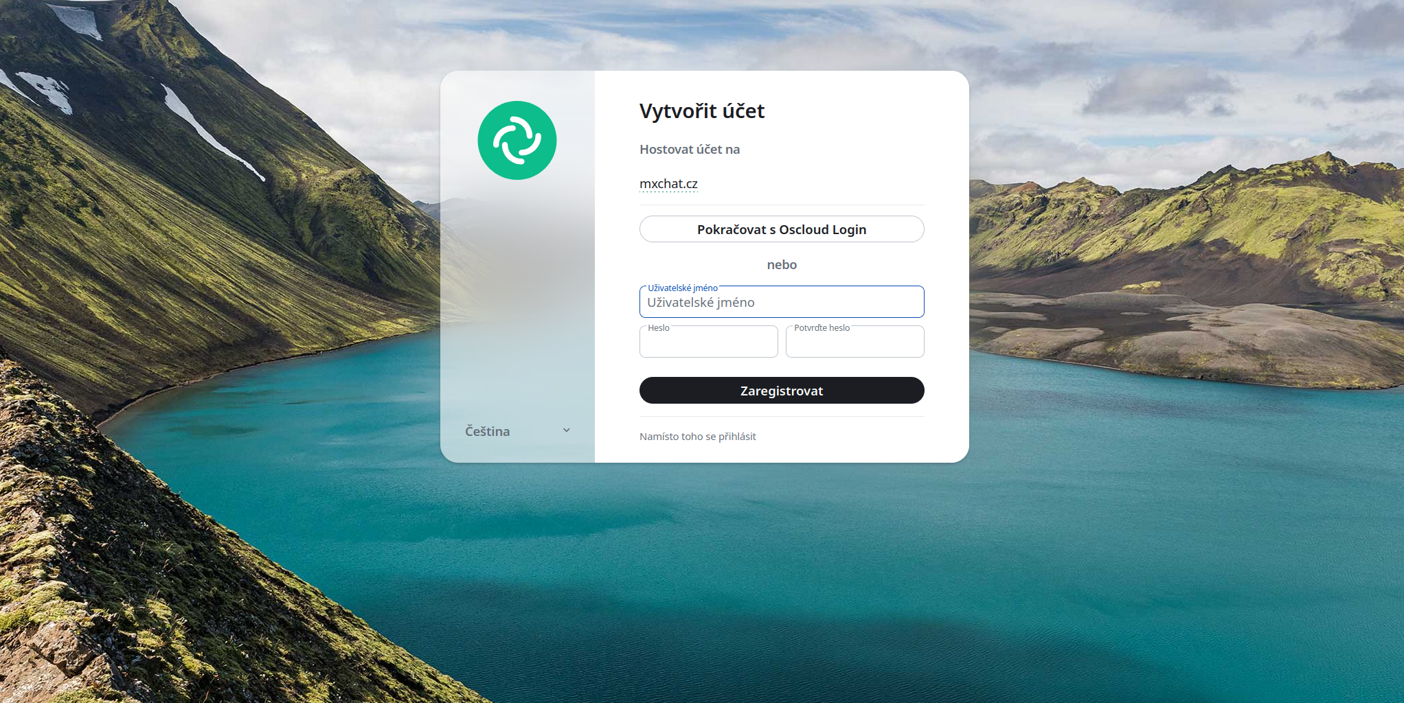 Registrační obrazovka mxchat.cz