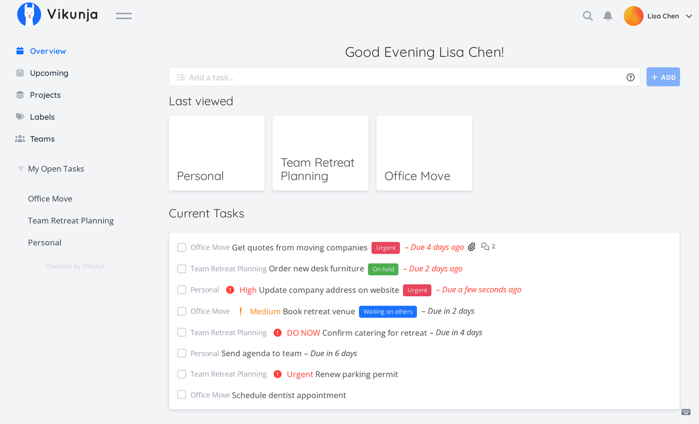 Přehled Vikunji - dashboard s projekty a úkoly