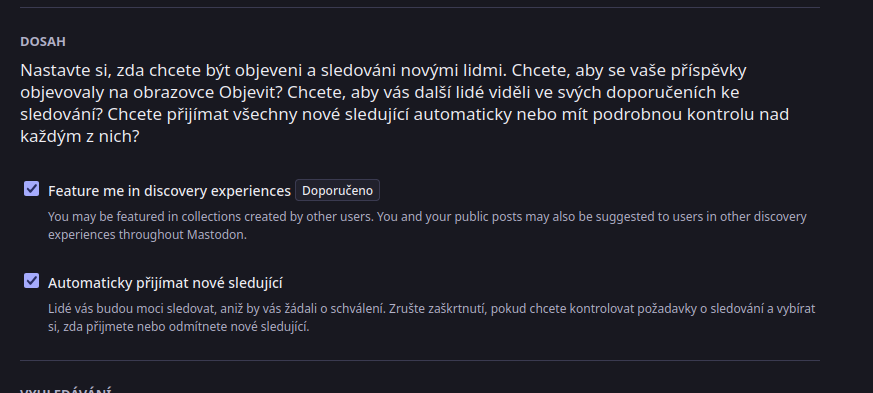 Nastavení discovery v Mastodonu 4.6